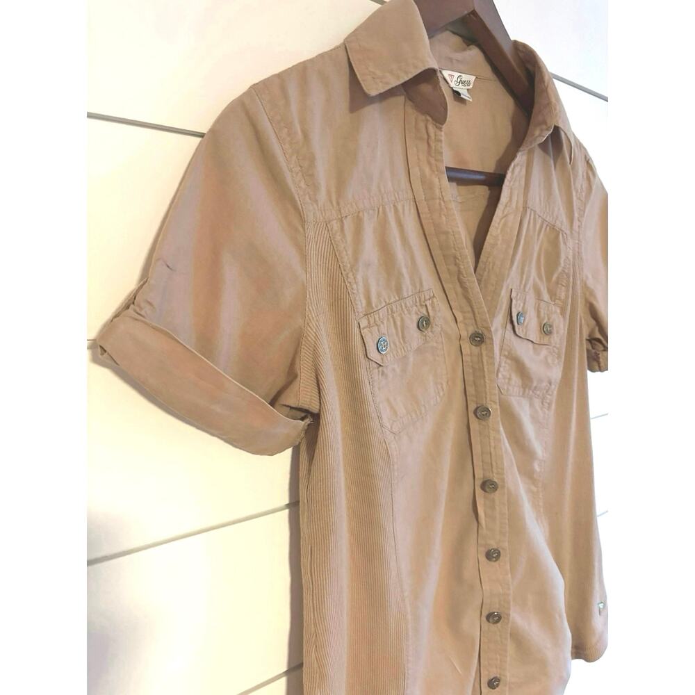 GUESS Women’s Tan Button Down V Neckline Shirt — SIZE S - Picture 7 of 9